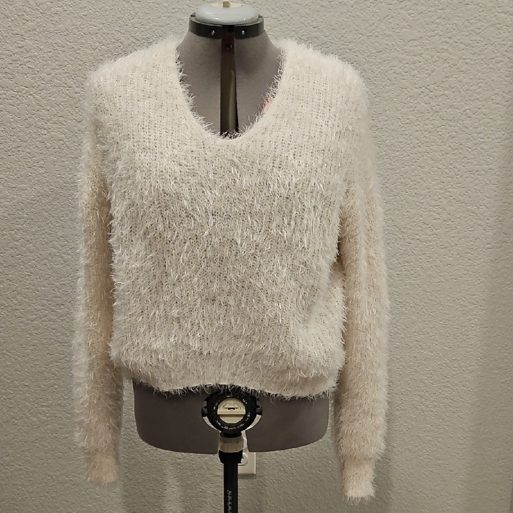 Freshman Cream Fuzzy V-Neck Sweater